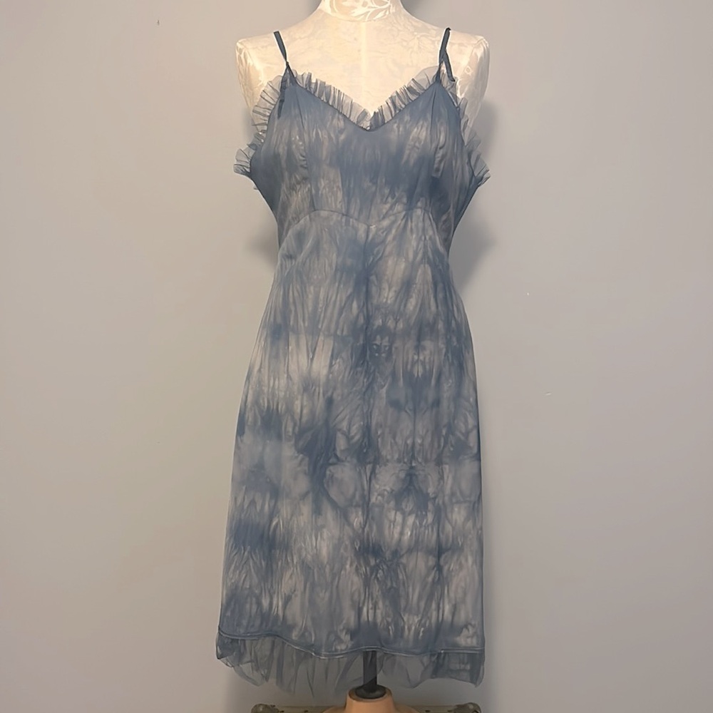 tie-dyed print slip dress, taffeta ruffles